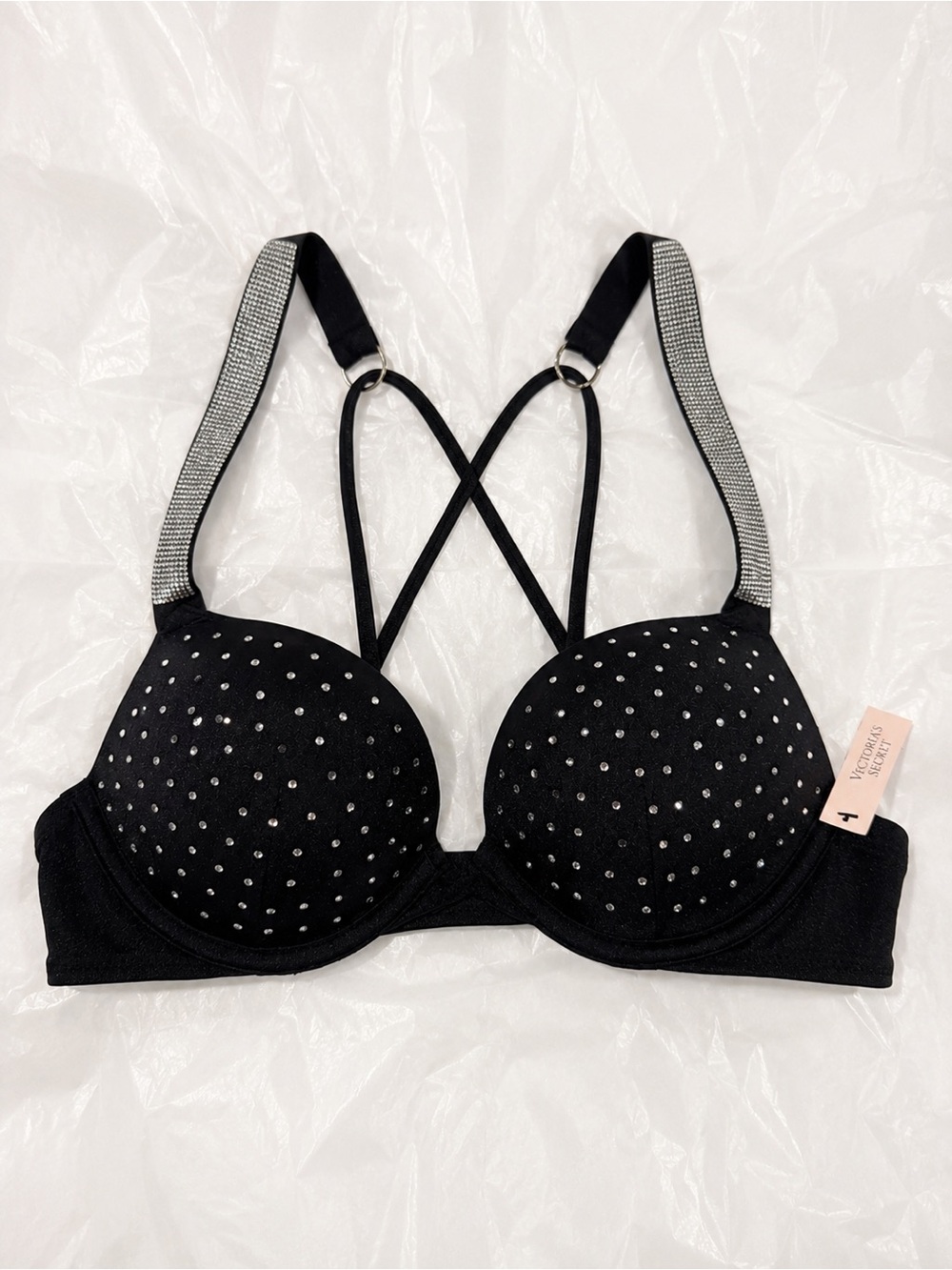 Victoria's Secret Black rhinestone studded bombshell bikini top shine strap new